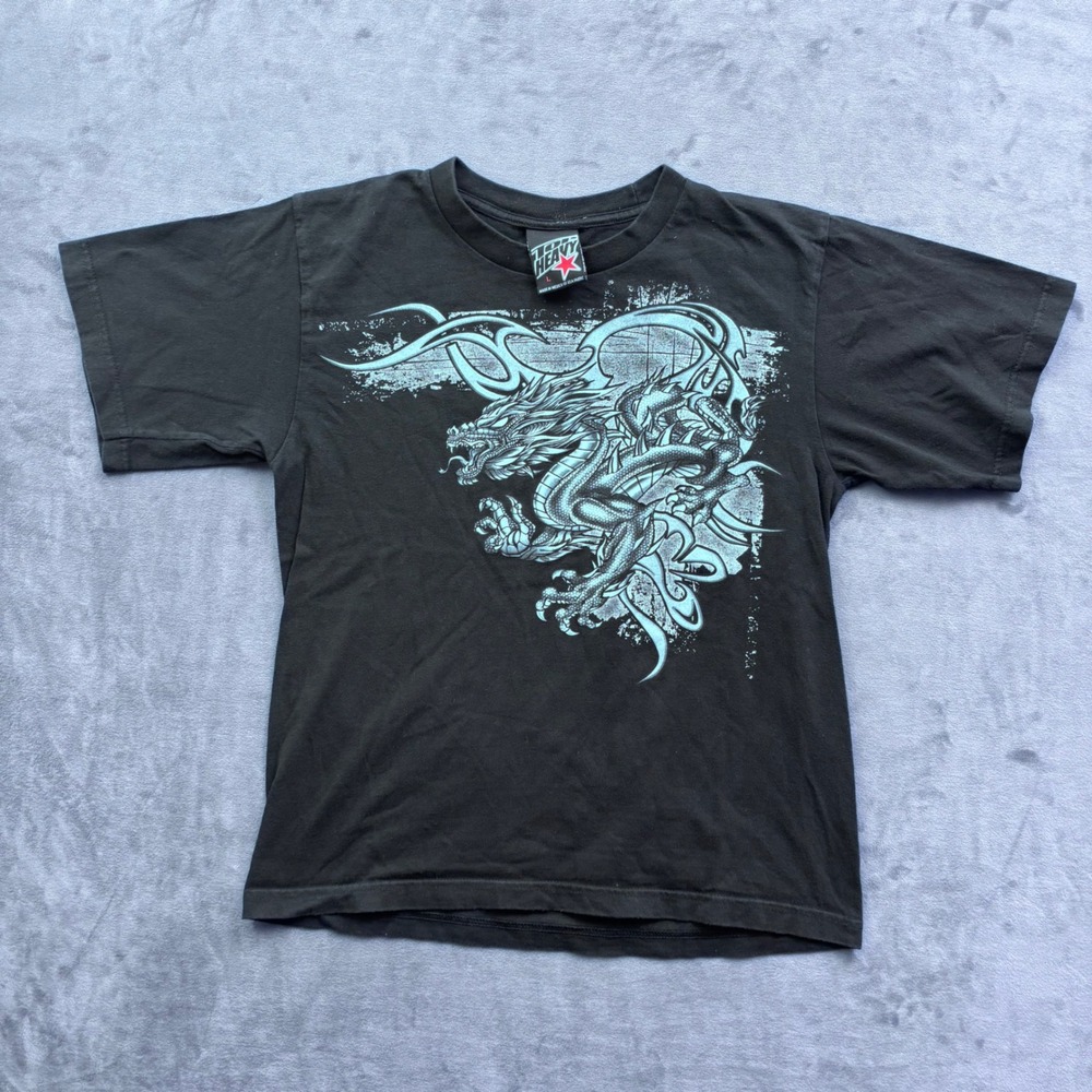 Vintage 2007 Top Heavy Kids Dragon Tribal Graphic T-Shirt Black Size L Y2K
